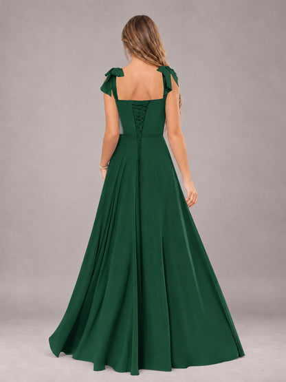 Emerald Green A-Line Square Neck Sleeveless Chiffon Floor-Length Bridesmaid Dress With Side Split