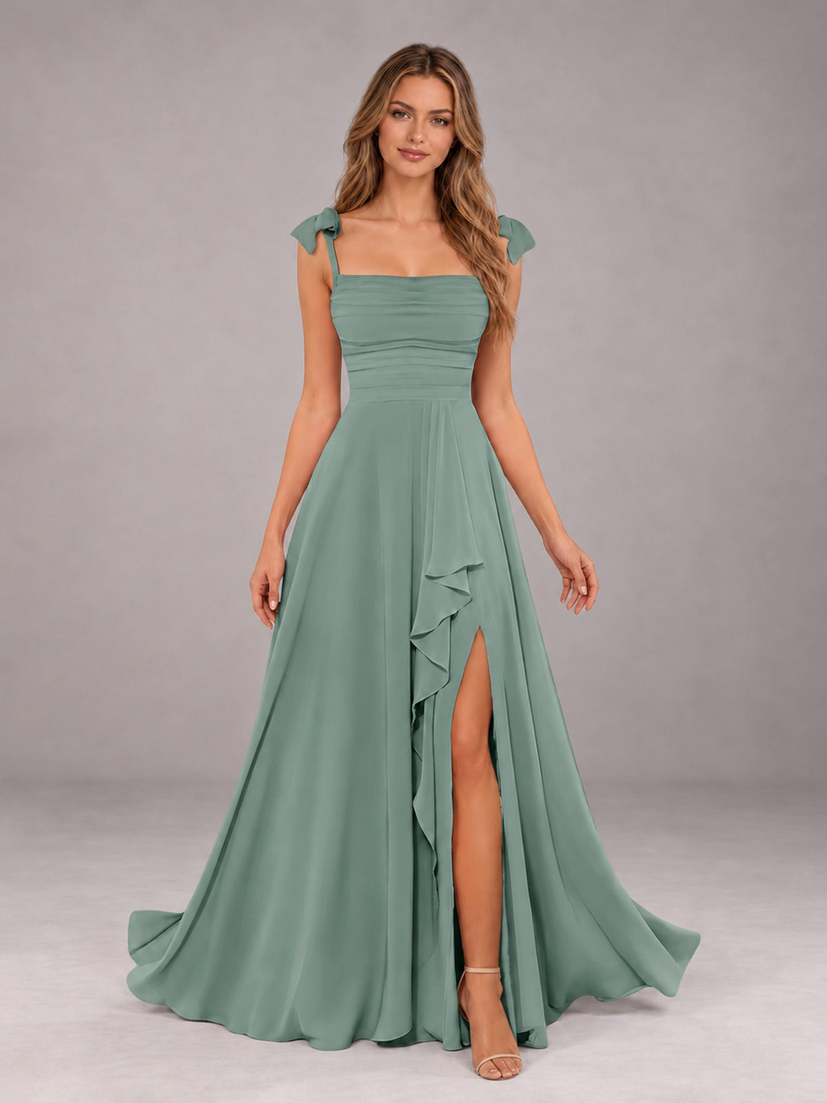Eucalyptus A-Line Square Neck Sleeveless Chiffon Floor-Length Bridesmaid Dress With Side Split