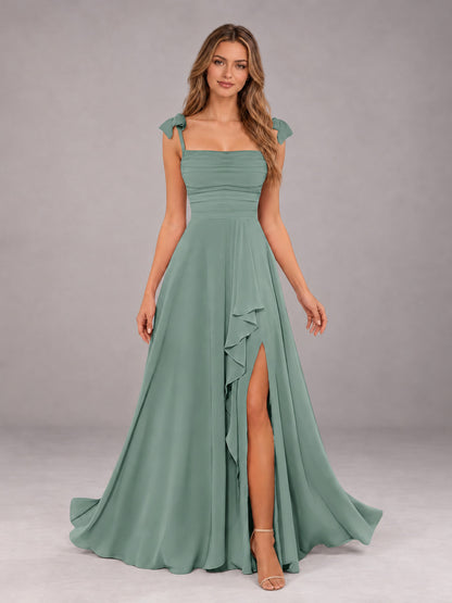 Eucalyptus A-Line Square Neck Sleeveless Chiffon Floor-Length Bridesmaid Dress With Side Split