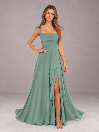 Eucalyptus A-Line Square Neck Sleeveless Chiffon Floor-Length Bridesmaid Dress With Side Split