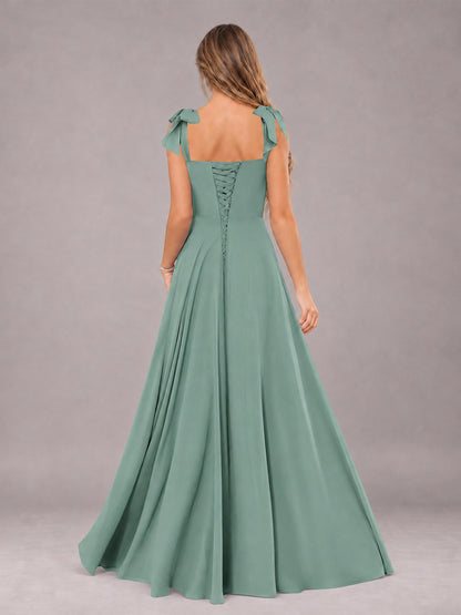 Eucalyptus A-Line Square Neck Sleeveless Chiffon Floor-Length Bridesmaid Dress With Side Split