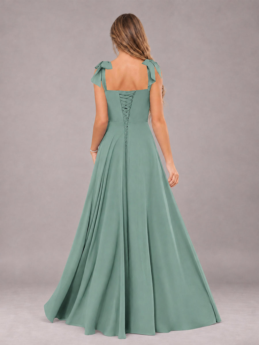 Eucalyptus A-Line Square Neck Sleeveless Chiffon Floor-Length Bridesmaid Dress With Side Split
