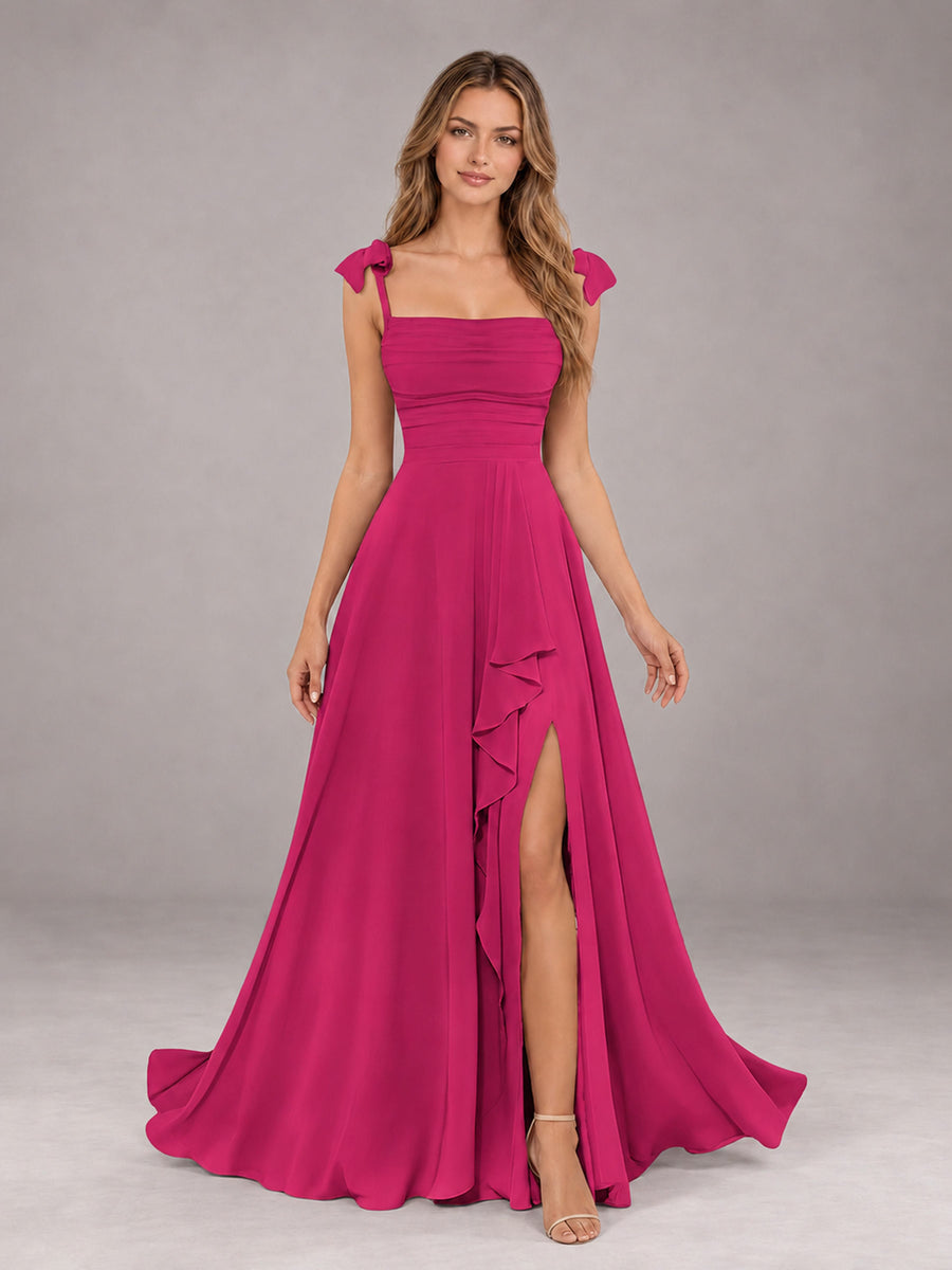 Fuchsia A-Line Square Neck Sleeveless Chiffon Floor-Length Bridesmaid Dress With Side Split