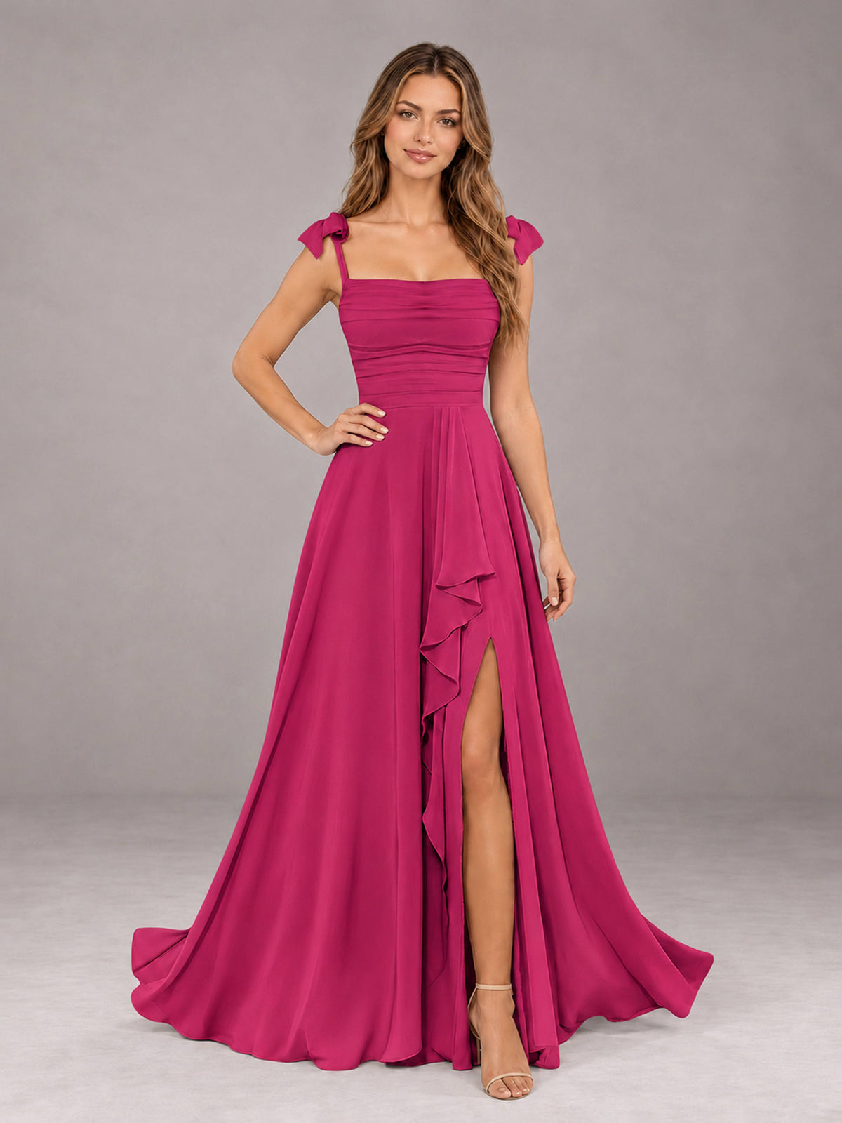 Fuchsia A-Line Square Neck Sleeveless Chiffon Floor-Length Bridesmaid Dress With Side Split