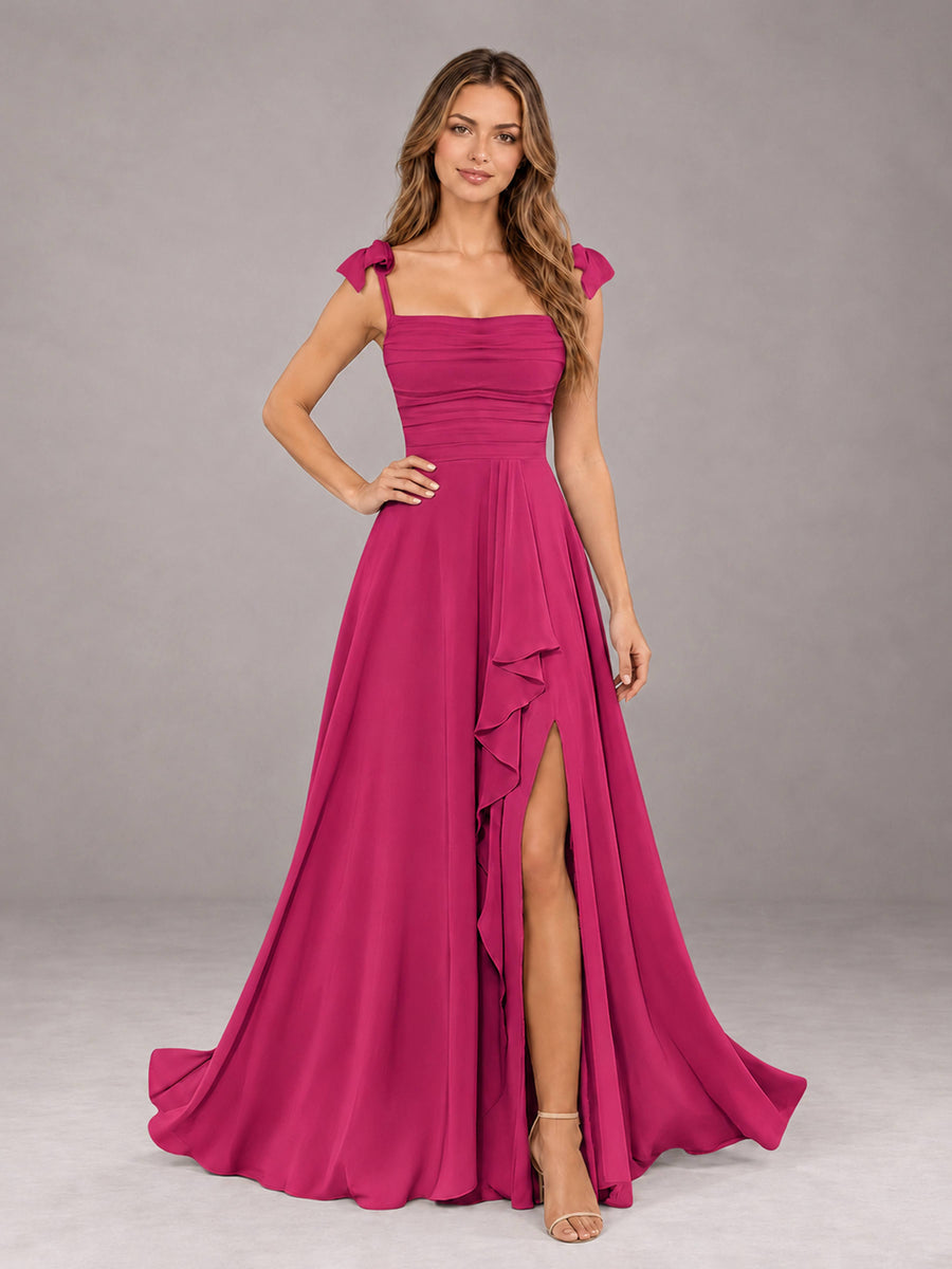 Fuchsia A-Line Square Neck Sleeveless Chiffon Floor-Length Bridesmaid Dress With Side Split