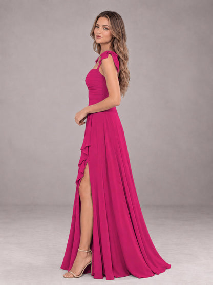 Fuchsia A-Line Square Neck Sleeveless Chiffon Floor-Length Bridesmaid Dress With Side Split