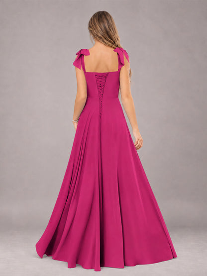 Fuchsia A-Line Square Neck Sleeveless Chiffon Floor-Length Bridesmaid Dress With Side Split
