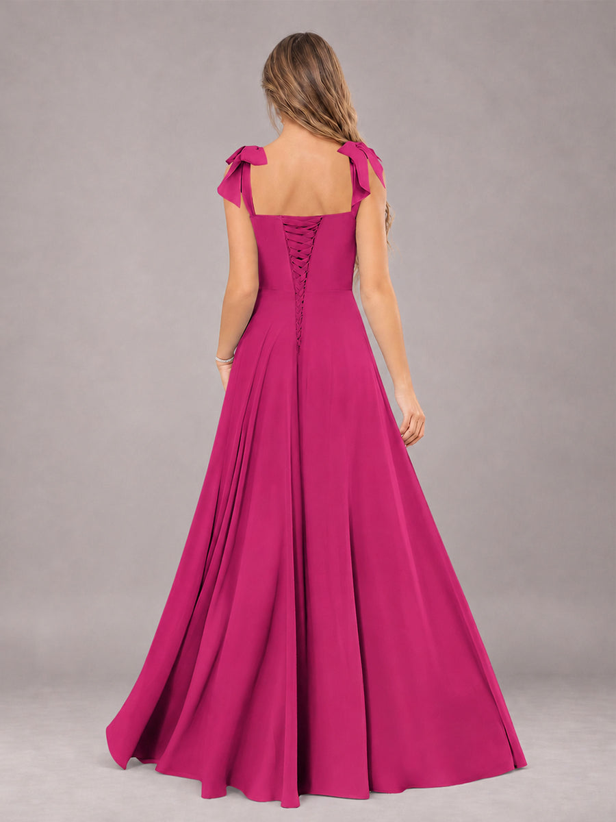 Fuchsia A-Line Square Neck Sleeveless Chiffon Floor-Length Bridesmaid Dress With Side Split