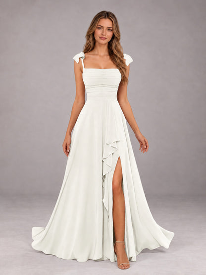 Ivory A-Line Square Neck Sleeveless Chiffon Floor-Length Bridesmaid Dress With Side Split