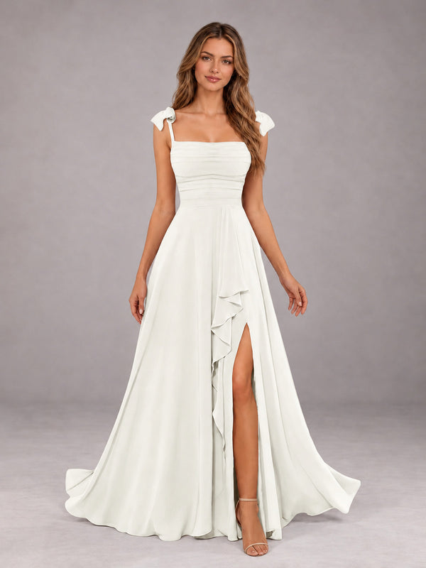 Ivory A-Line Square Neck Sleeveless Chiffon Floor-Length Bridesmaid Dress With Side Split