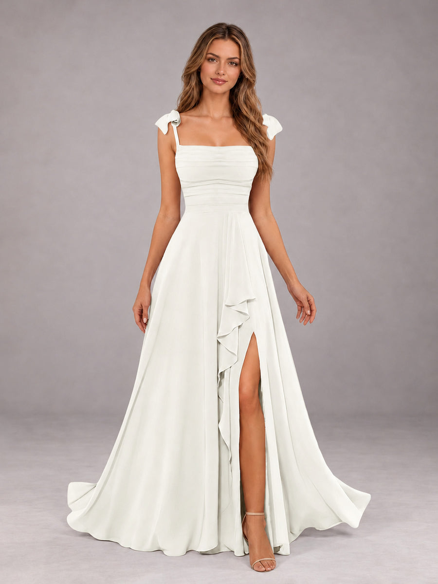 Ivory A-Line Square Neck Sleeveless Chiffon Floor-Length Bridesmaid Dress With Side Split