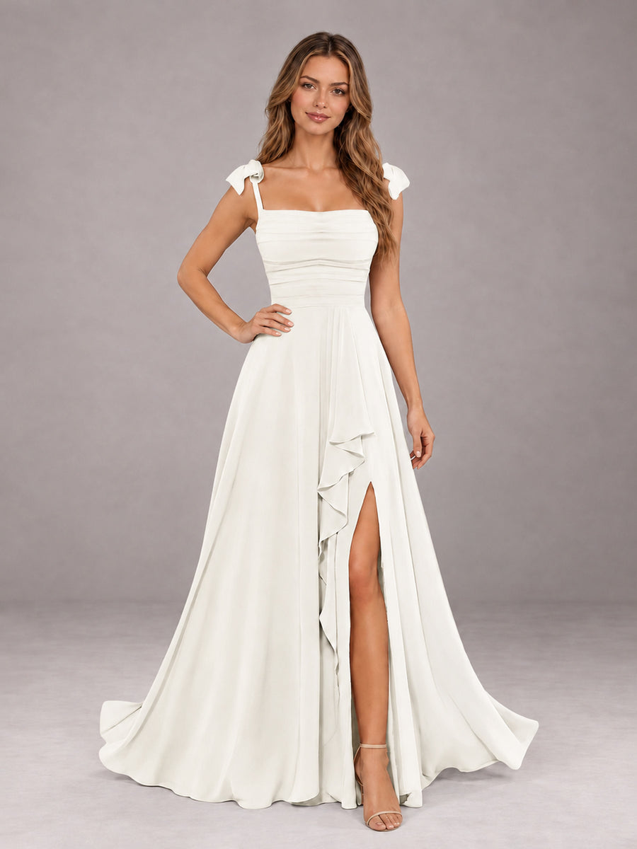 Ivory A-Line Square Neck Sleeveless Chiffon Floor-Length Bridesmaid Dress With Side Split