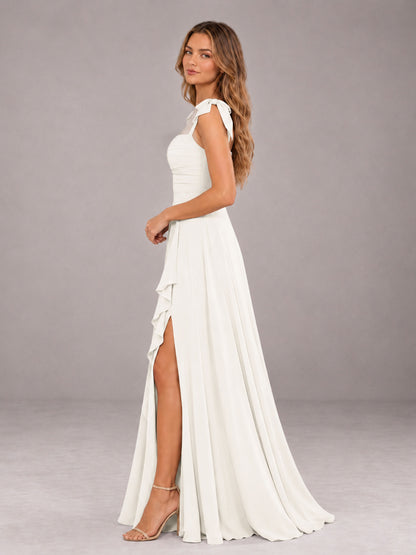 Ivory A-Line Square Neck Sleeveless Chiffon Floor-Length Bridesmaid Dress With Side Split
