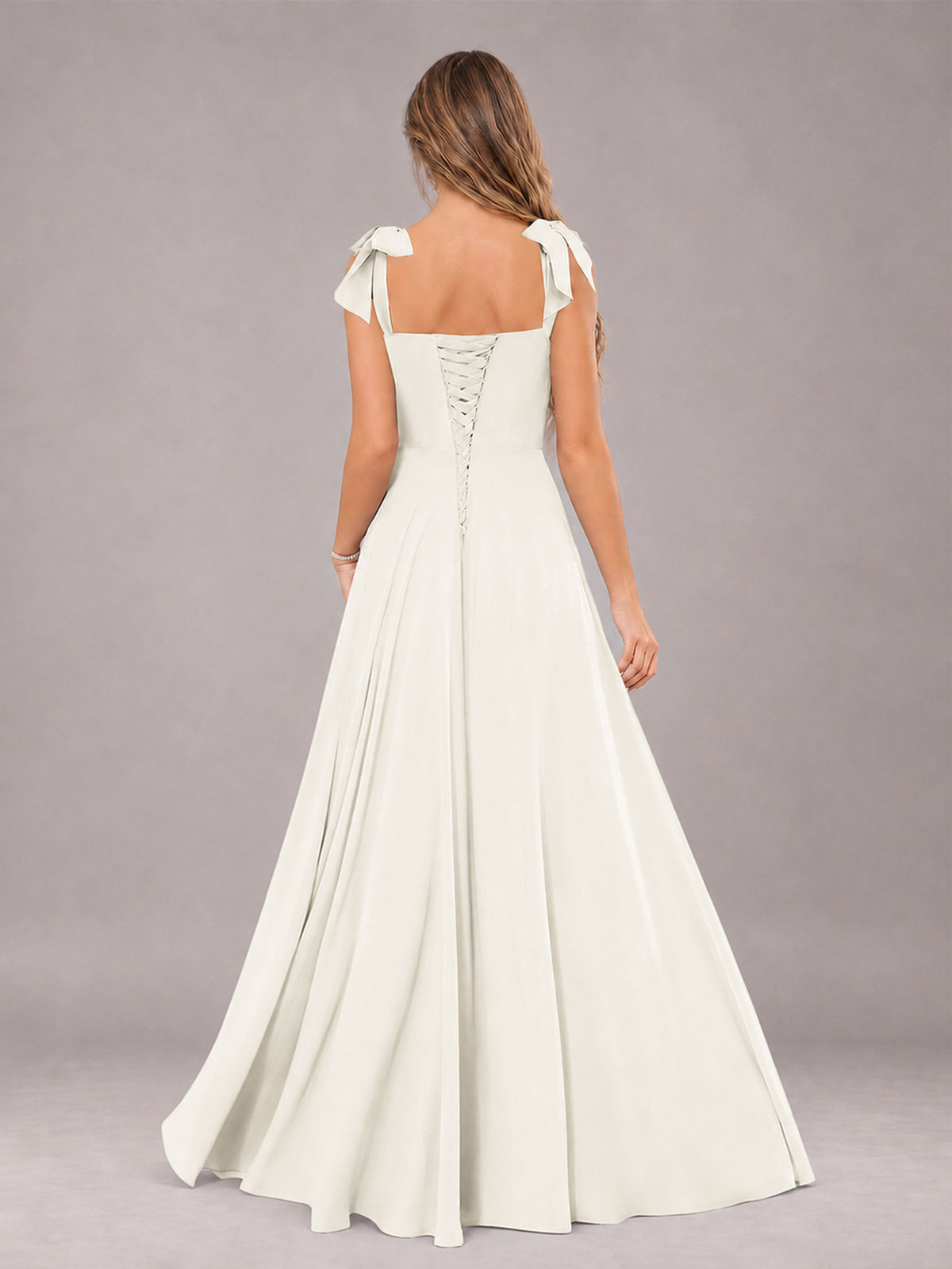 Ivory A-Line Square Neck Sleeveless Chiffon Floor-Length Bridesmaid Dress With Side Split