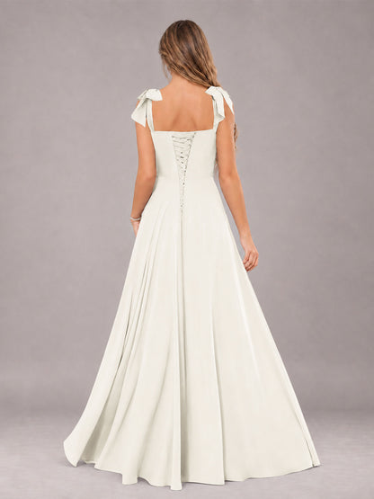 Ivory A-Line Square Neck Sleeveless Chiffon Floor-Length Bridesmaid Dress With Side Split