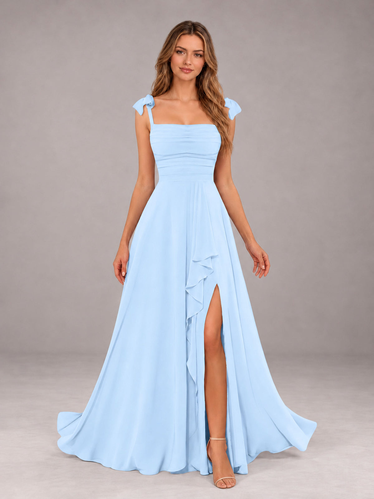 Light Blue A-Line Square Neck Sleeveless Chiffon Floor-Length Bridesmaid Dress With Side Split