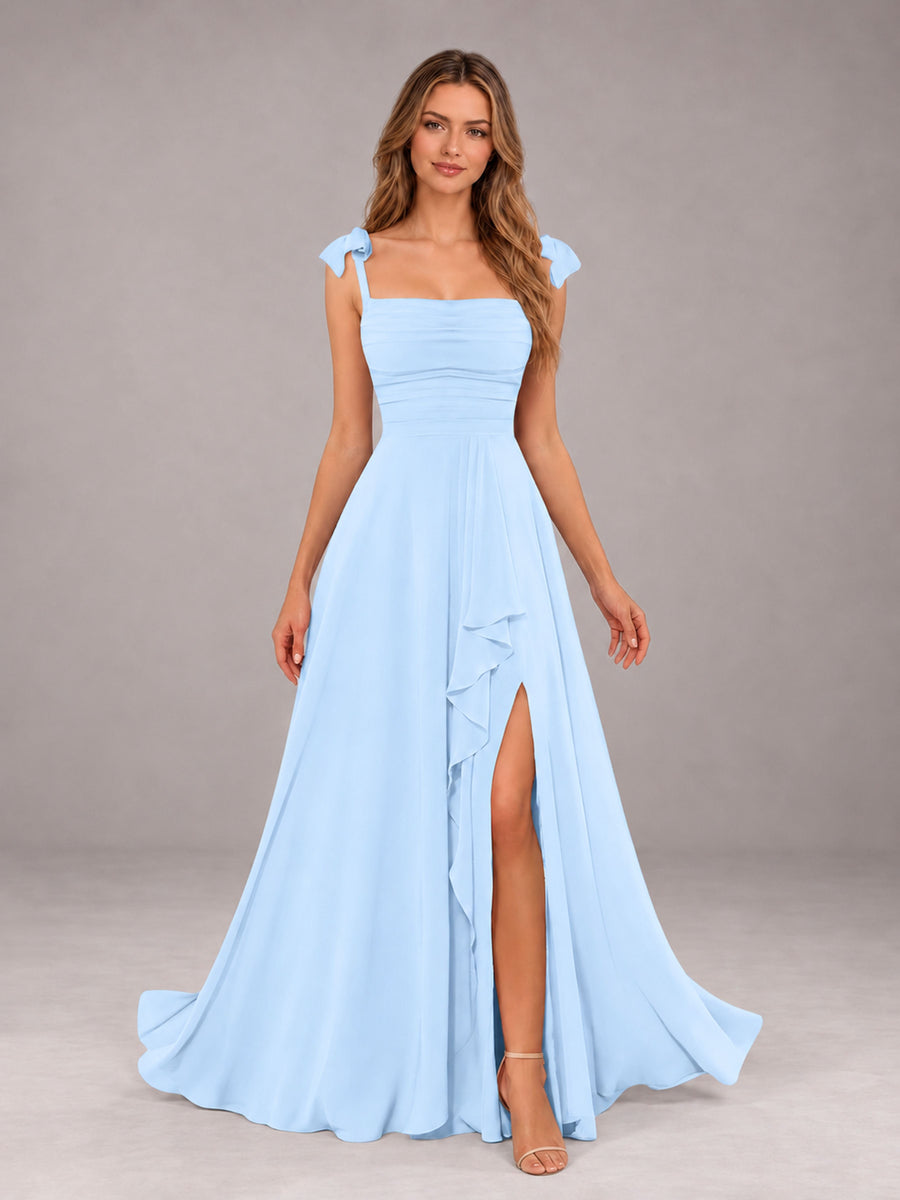 Light Blue A-Line Square Neck Sleeveless Chiffon Floor-Length Bridesmaid Dress With Side Split