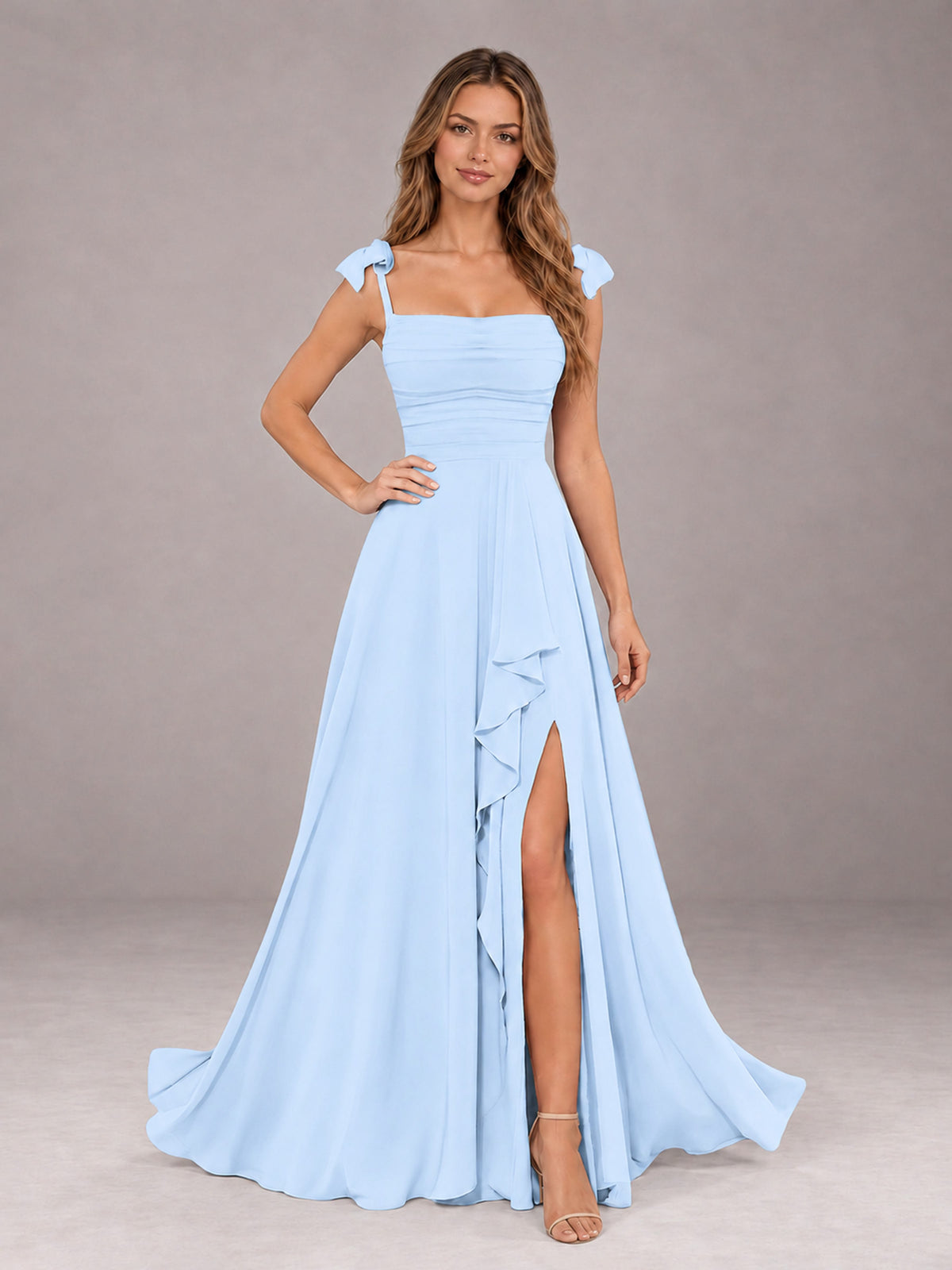 Light Blue A-Line Square Neck Sleeveless Chiffon Floor-Length Bridesmaid Dress With Side Split
