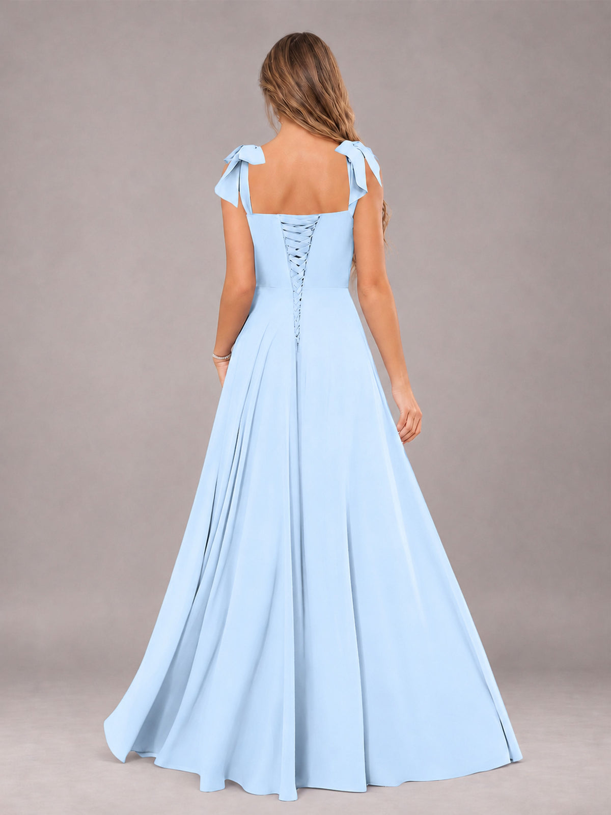 Light Blue A-Line Square Neck Sleeveless Chiffon Floor-Length Bridesmaid Dress With Side Split
