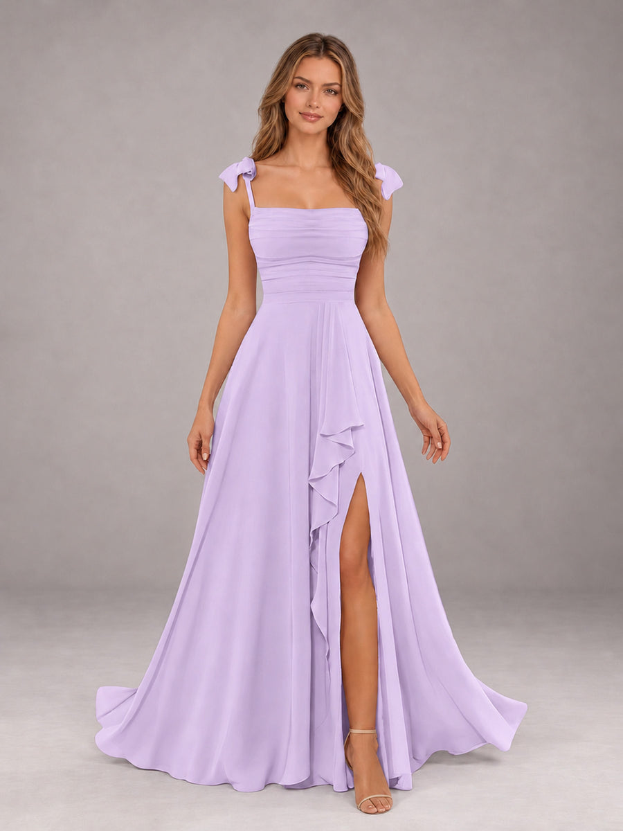 Lilac A-Line Square Neck Sleeveless Chiffon Floor-Length Bridesmaid Dress With Side Split