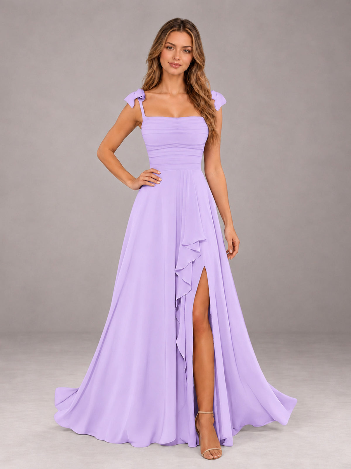 Lilac A-Line Square Neck Sleeveless Chiffon Floor-Length Bridesmaid Dress With Side Split