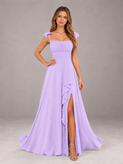 Lilac A-Line Square Neck Sleeveless Chiffon Floor-Length Bridesmaid Dress With Side Split