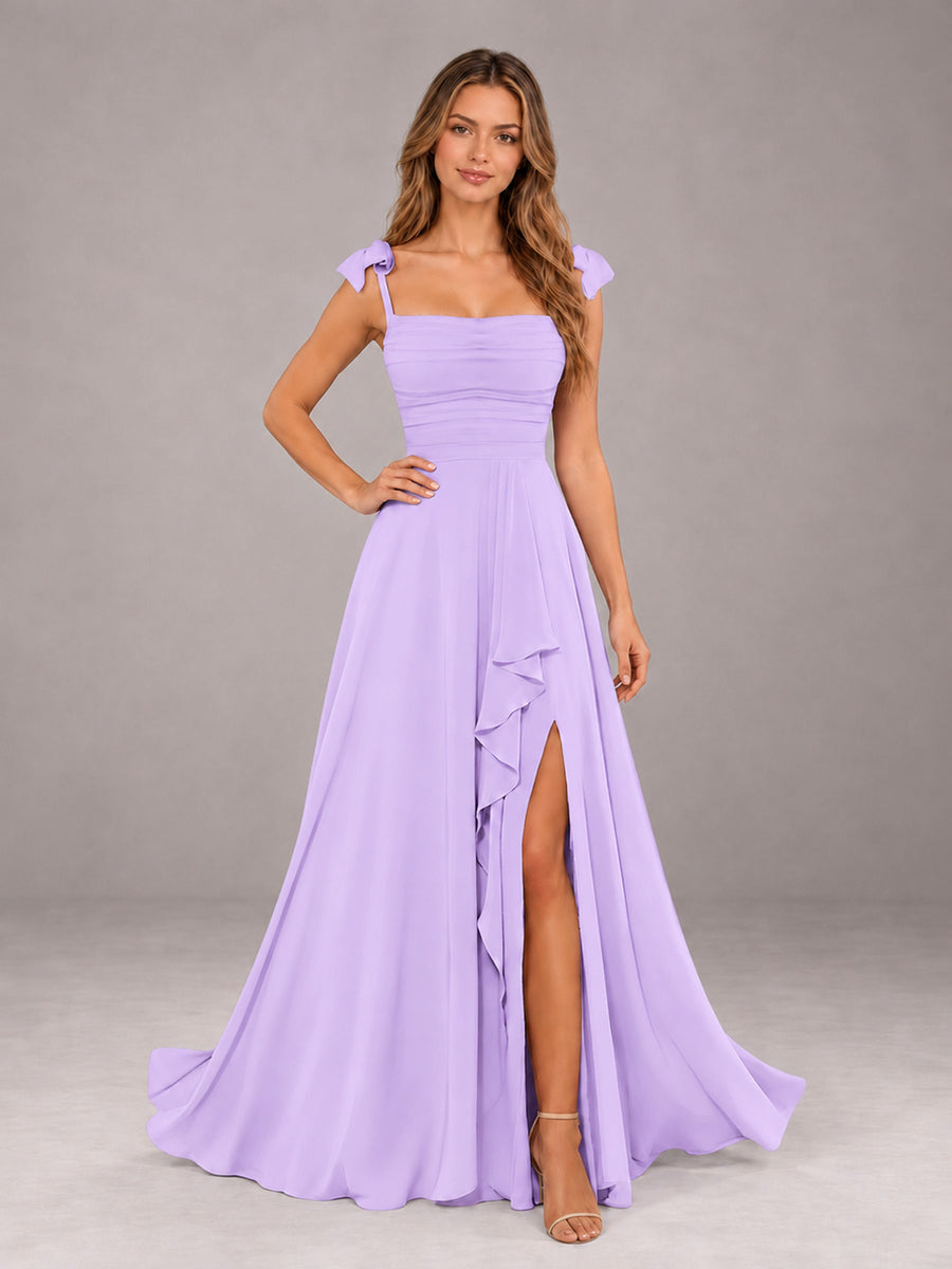 Lilac A-Line Square Neck Sleeveless Chiffon Floor-Length Bridesmaid Dress With Side Split