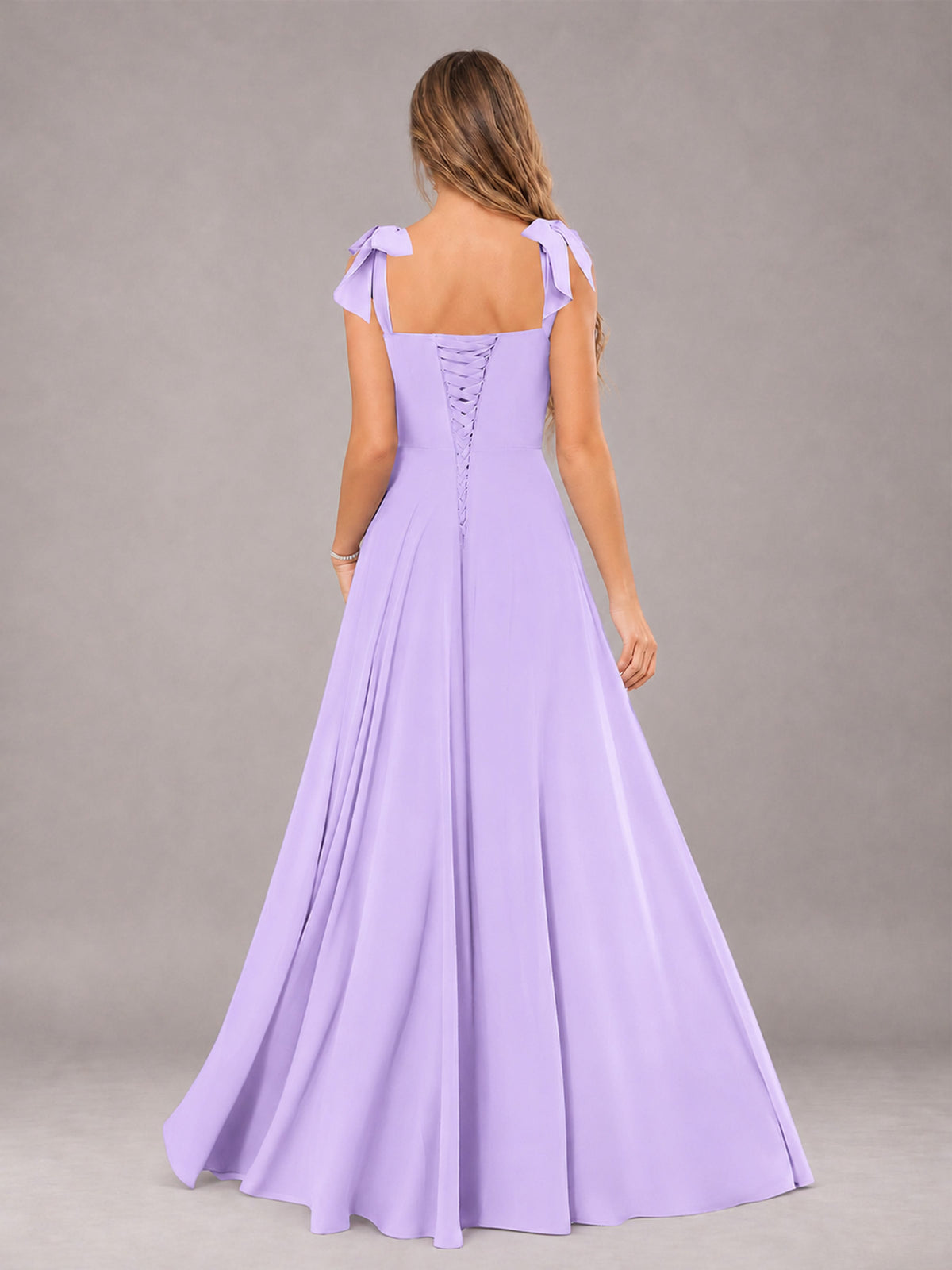 Lilac A-Line Square Neck Sleeveless Chiffon Floor-Length Bridesmaid Dress With Side Split
