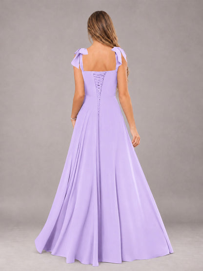 Lilac A-Line Square Neck Sleeveless Chiffon Floor-Length Bridesmaid Dress With Side Split