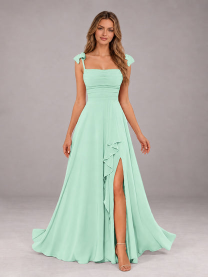Mint Green A-Line Square Neck Sleeveless Chiffon Floor-Length Bridesmaid Dress With Side Split