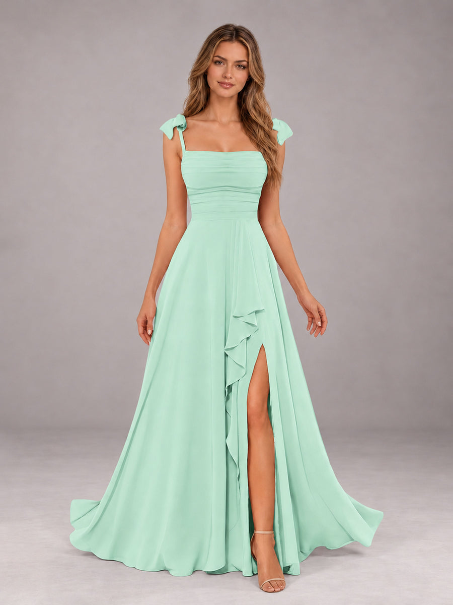 Mint Green A-Line Square Neck Sleeveless Chiffon Floor-Length Bridesmaid Dress With Side Split