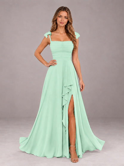 Mint Green A-Line Square Neck Sleeveless Chiffon Floor-Length Bridesmaid Dress With Side Split