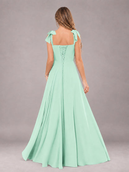 Mint Green A-Line Square Neck Sleeveless Chiffon Floor-Length Bridesmaid Dress With Side Split