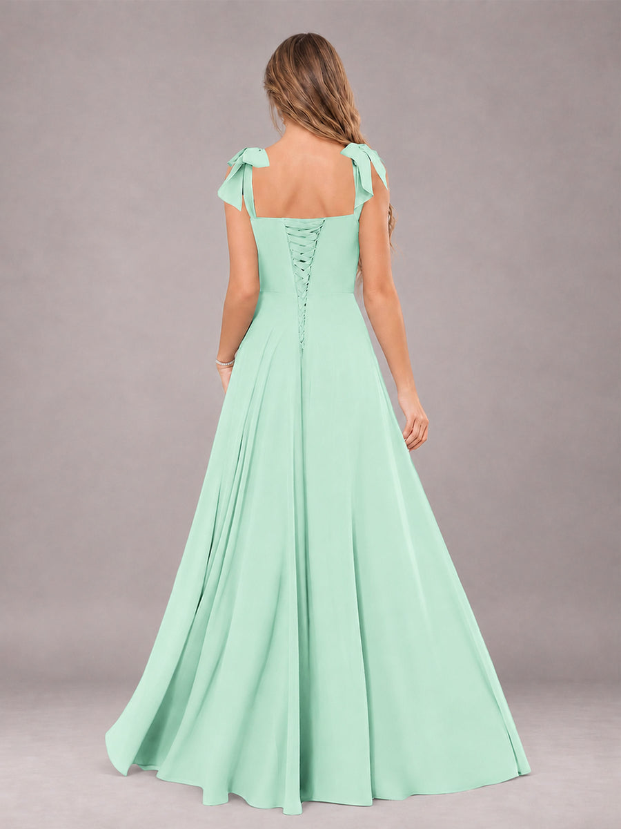 Mint Green A-Line Square Neck Sleeveless Chiffon Floor-Length Bridesmaid Dress With Side Split