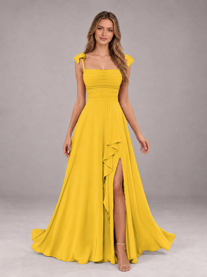 Mustard Yellow A-Line Square Neck Sleeveless Chiffon Floor-Length Bridesmaid Dress With Side Split