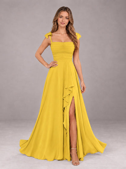 Mustard Yellow A-Line Square Neck Sleeveless Chiffon Floor-Length Bridesmaid Dress With Side Split
