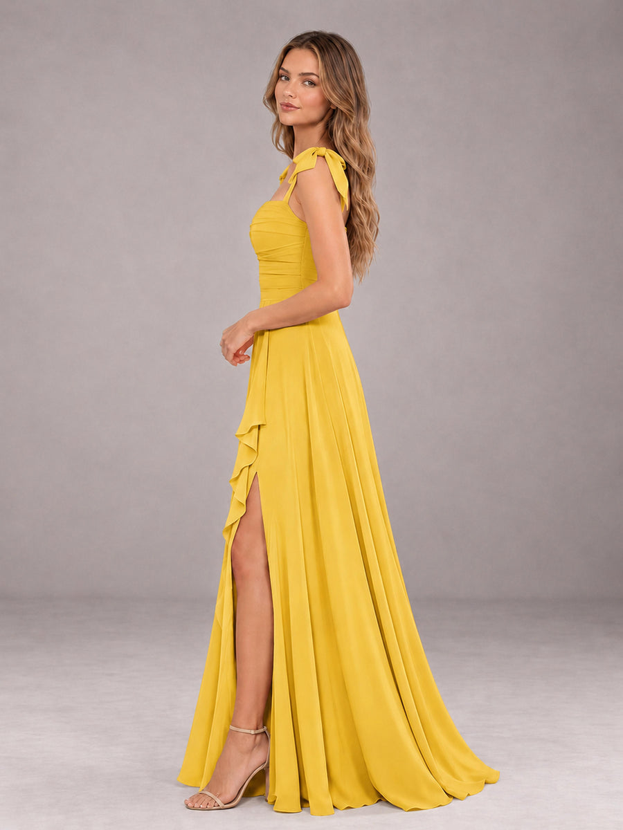 Mustard Yellow A-Line Square Neck Sleeveless Chiffon Floor-Length Bridesmaid Dress With Side Split