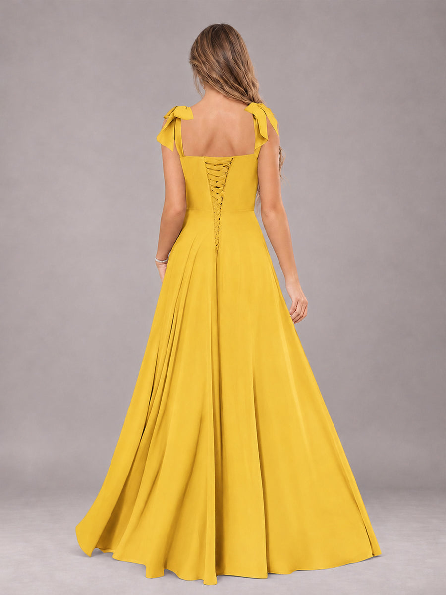 Mustard Yellow A-Line Square Neck Sleeveless Chiffon Floor-Length Bridesmaid Dress With Side Split