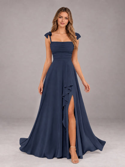 Navy Blue A-Line Square Neck Sleeveless Chiffon Floor-Length Bridesmaid Dress With Side Split