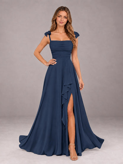 Navy Blue A-Line Square Neck Sleeveless Chiffon Floor-Length Bridesmaid Dress With Side Split