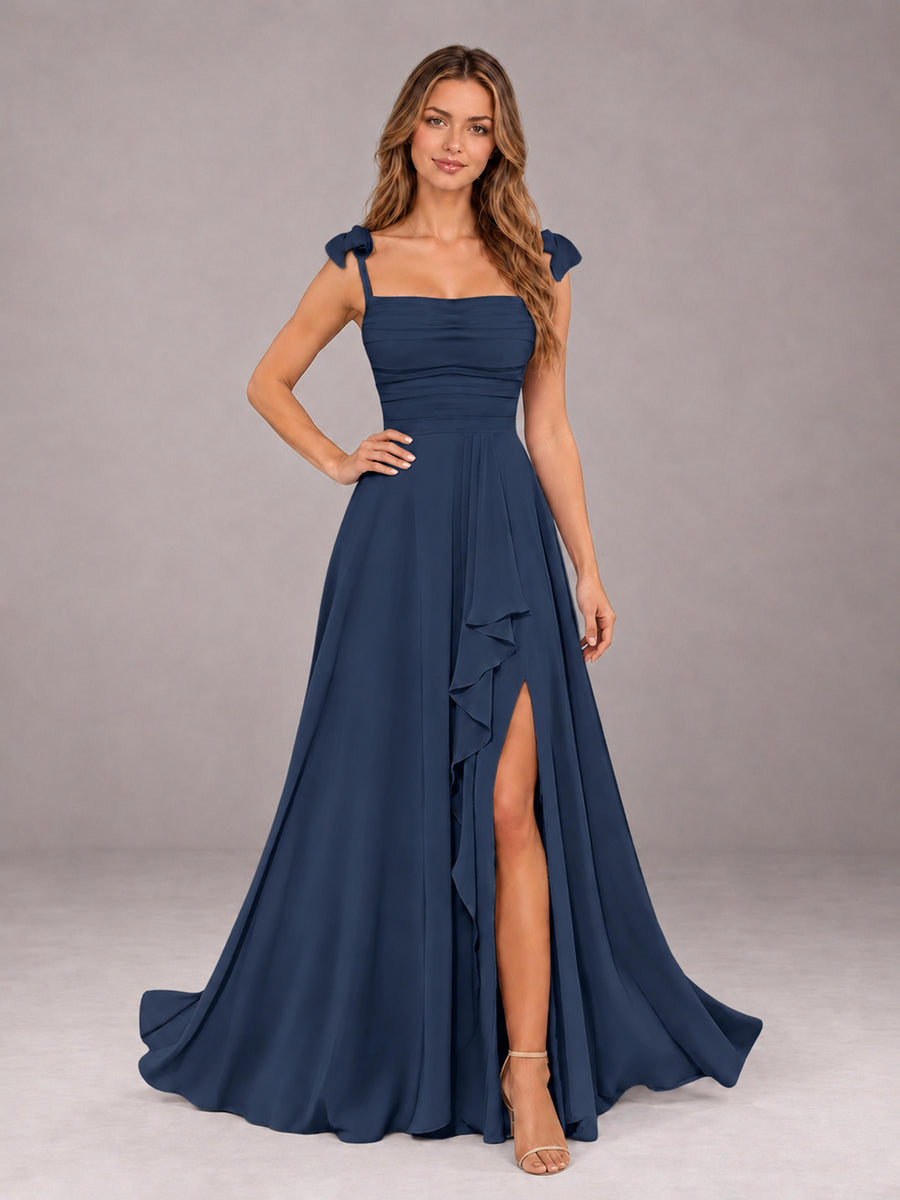 Navy Blue A-Line Square Neck Sleeveless Chiffon Floor-Length Bridesmaid Dress With Side Split