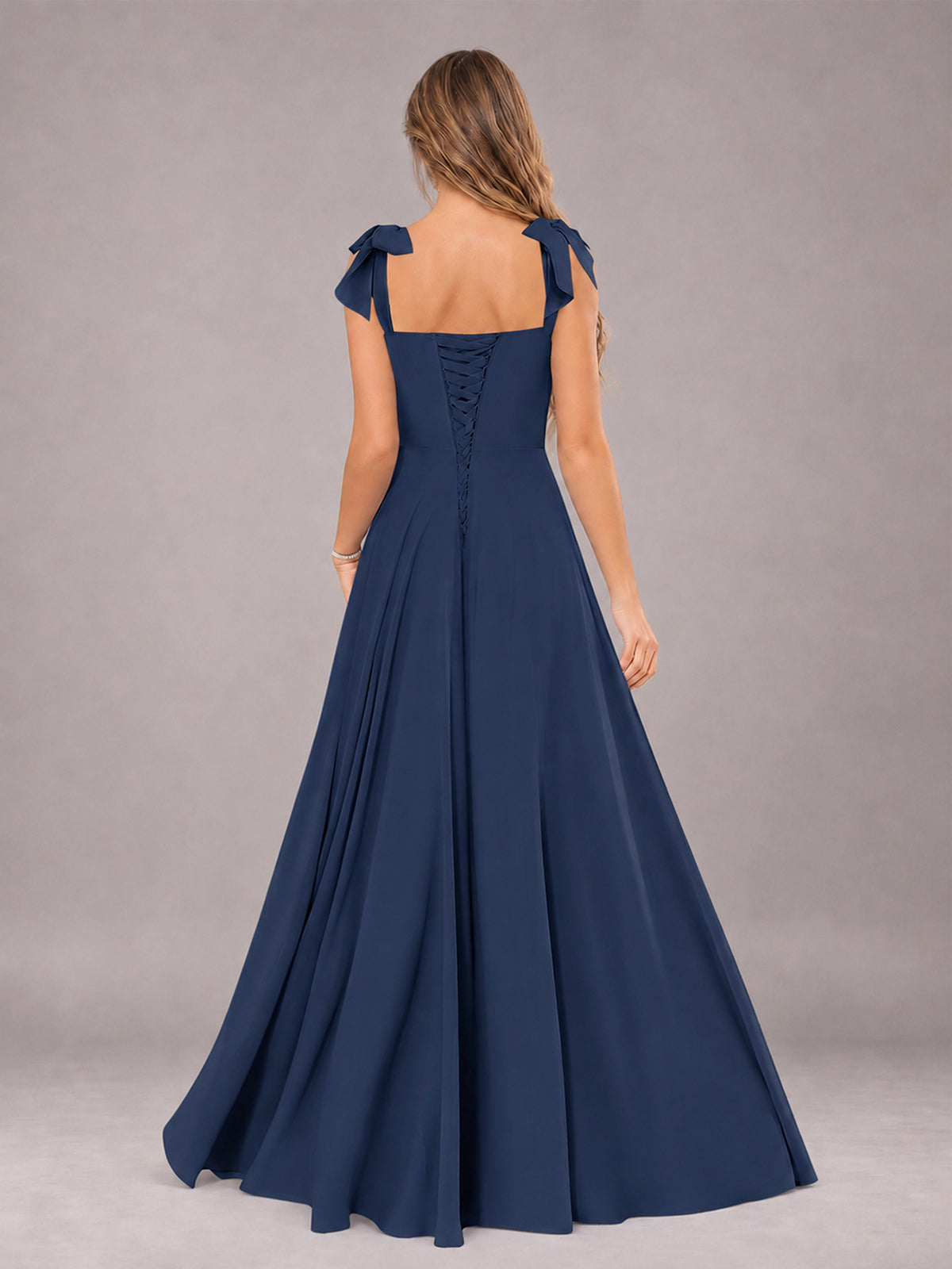 Navy Blue A-Line Square Neck Sleeveless Chiffon Floor-Length Bridesmaid Dress With Side Split