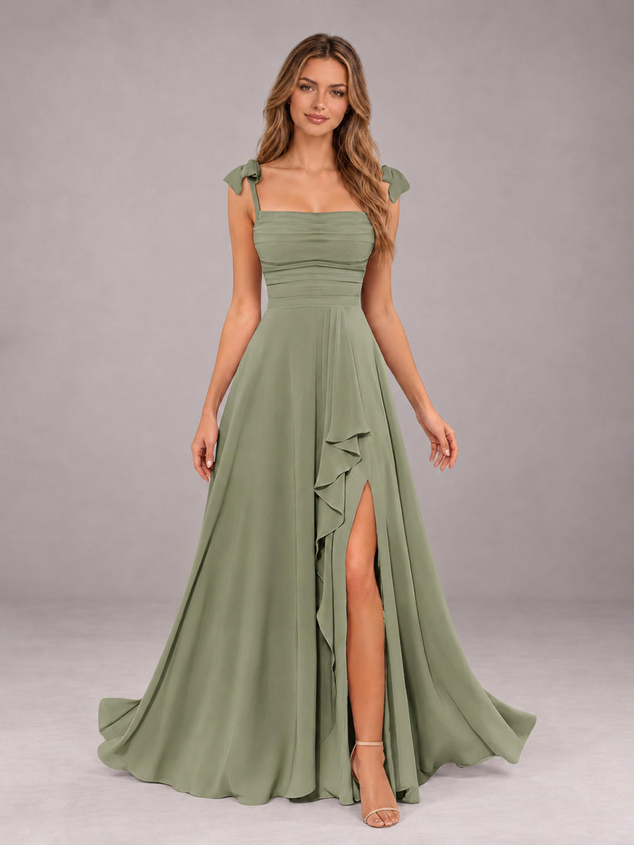 Olive Green A-Line Square Neck Sleeveless Chiffon Floor-Length Bridesmaid Dress With Side Split