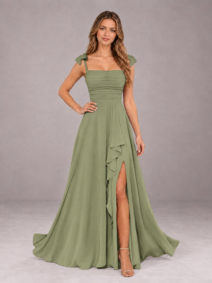 Olive Green A-Line Square Neck Sleeveless Chiffon Floor-Length Bridesmaid Dress With Side Split