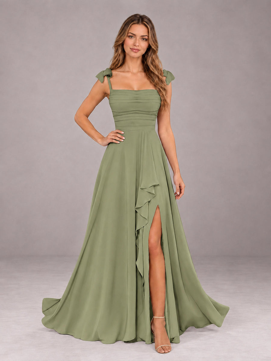 Olive Green A-Line Square Neck Sleeveless Chiffon Floor-Length Bridesmaid Dress With Side Split