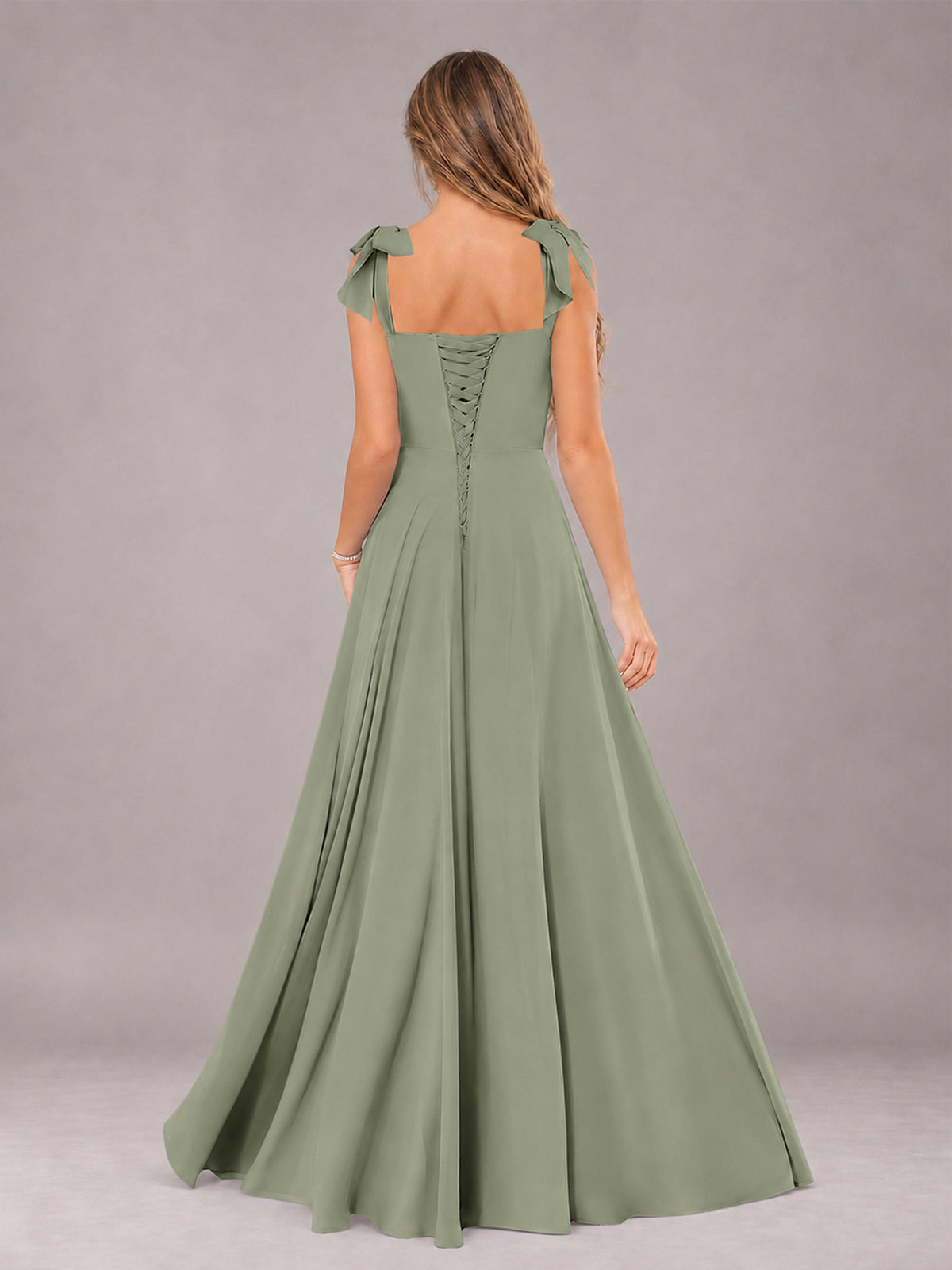 Olive Green A-Line Square Neck Sleeveless Chiffon Floor-Length Bridesmaid Dress With Side Split
