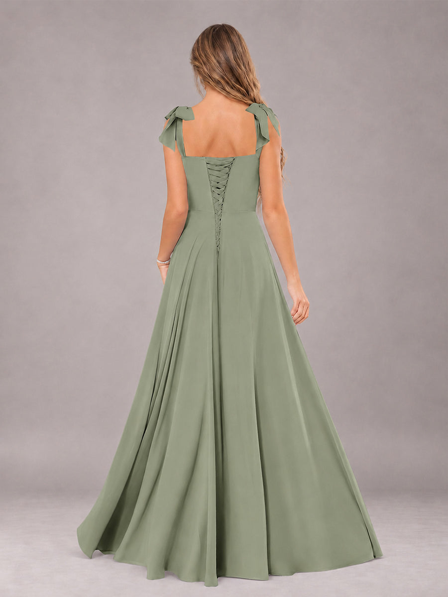 Olive Green A-Line Square Neck Sleeveless Chiffon Floor-Length Bridesmaid Dress With Side Split
