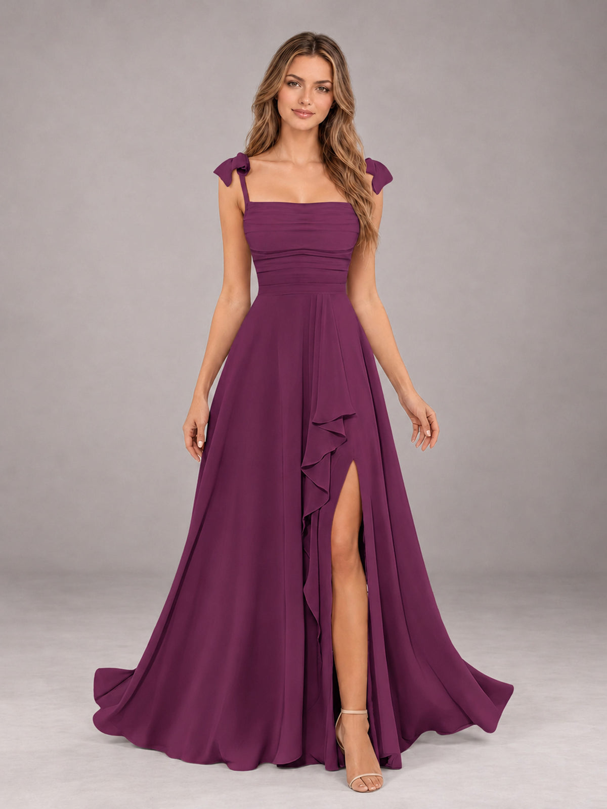 Plum A-Line Square Neck Sleeveless Chiffon Floor-Length Bridesmaid Dress With Side Split
