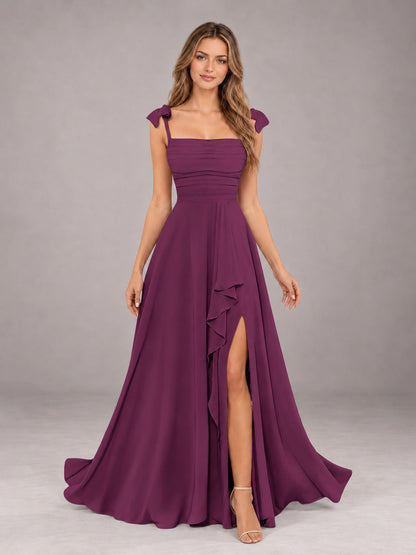 Plum A-Line Square Neck Sleeveless Chiffon Floor-Length Bridesmaid Dress With Side Split