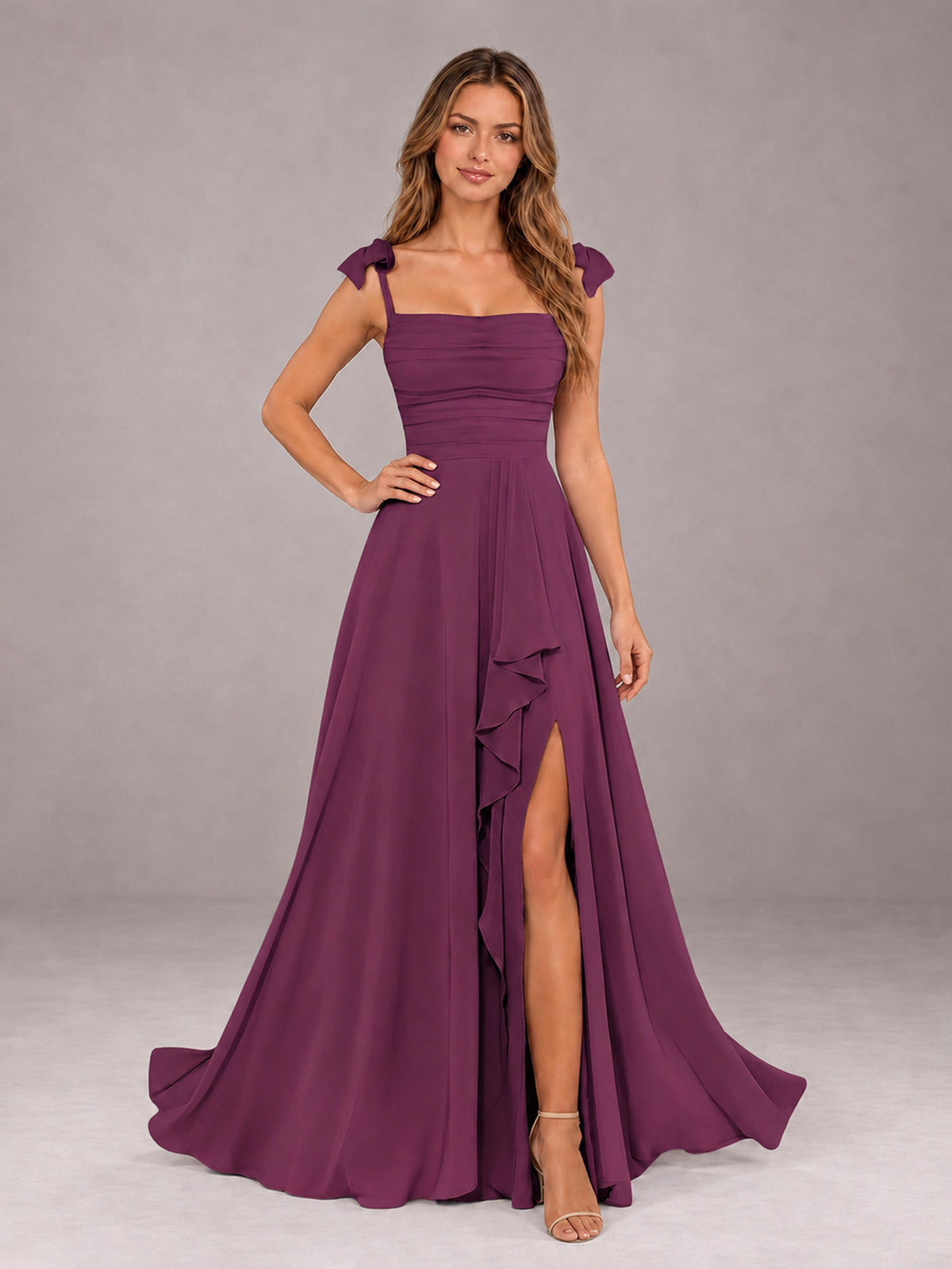 Plum A-Line Square Neck Sleeveless Chiffon Floor-Length Bridesmaid Dress With Side Split